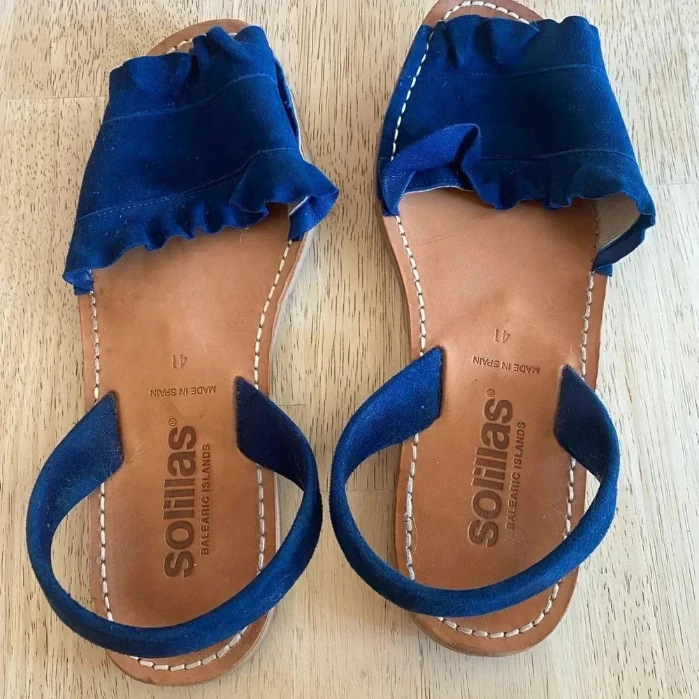 Solillas Frilled Flat Leather Sandal Indigo Blue Size 10 Made in Spain - Picture 4 of 8
